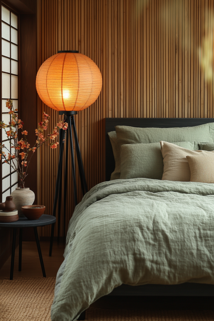 A Japandi-style bedroom with a low-profile dark bedframe, sage green linen bedding, neutral throw pillows, and a warm paper lantern floor lamp. A small side table holds ceramic vases and a floral arrangement, with wooden slat walls in the background.