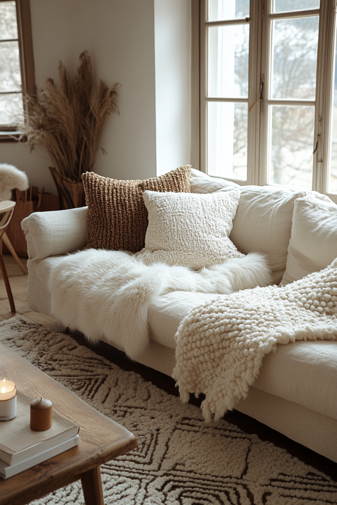 Cozy Scandinavian living room with a neutral-toned sofa, textured cushions, a knit throw, and soft natural lighting.