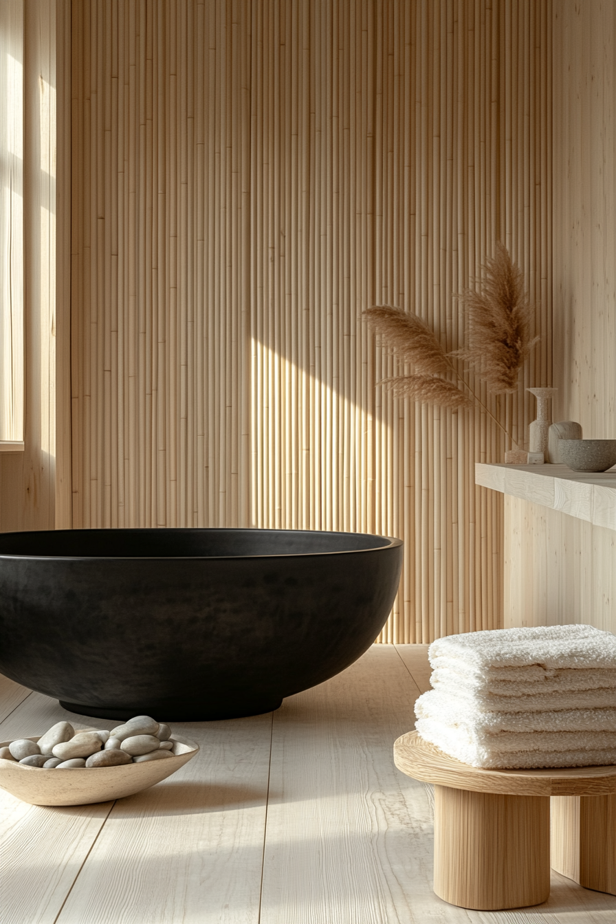 Japandi bathroom featuring a sleek black soaking tub, light wood flooring, stacked towels on a minimalist stool, and natural decor accents.