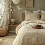 A Scandinavian-inspired bedroom featuring a light wood bed frame, beige linen bedding, a jute rug, and minimalist decor with natural elements like a woven basket and flowering branches.