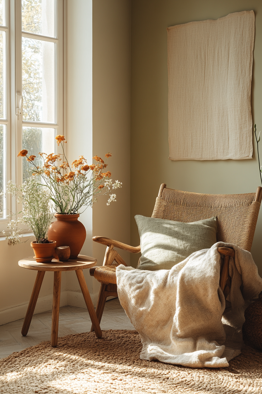 Japandi reading nook with a woven armchair, a green linen pillow, and a cozy blanket. Terracotta vases with orange flowers sit on a wooden side table, illuminated by natural light.