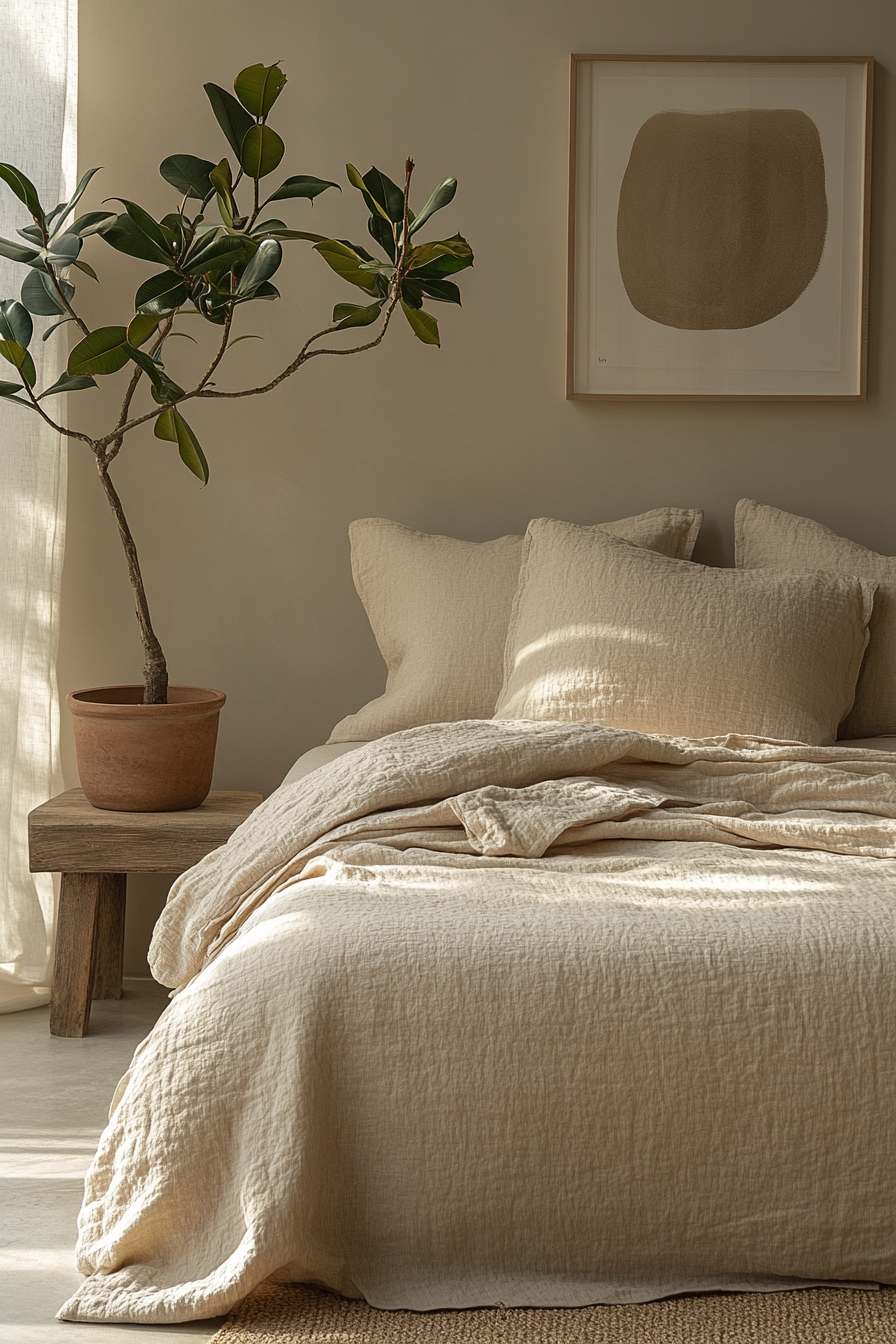 A cozy Japandi-style bedroom with a low-profile wooden bed dressed in soft beige linen bedding, a terracotta potted plant on a minimalist wooden side table, and a neutral abstract art piece on the wall.