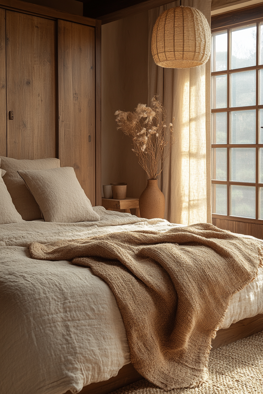 A Japandi bedroom with sliding wooden wardrobes, beige bedding, a textured throw, and a minimalist vase with pampas grass near the window.