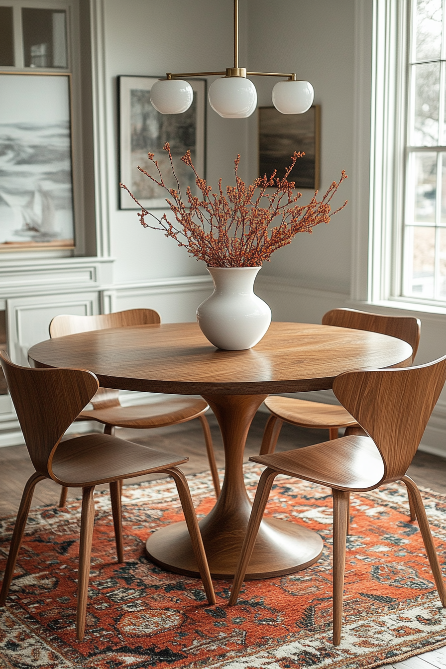 A Mid-Century Modern dining room with a walnut pedestal table, sculptural wooden chairs, a brass and globe pendant light, and a burnt-orange Persian rug, set against soft neutral walls with framed artwork.
