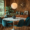 Mid-Century Modern dining room featuring a white tulip table, teal velvet Eames-style chairs with wooden legs, a globe pendant light, and a wooden-paneled wall with a gold sunburst clock and decorative vases.