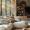 Japandi living room with a large beige sectional sofa, earthy-toned throw pillows, natural wood coffee table, and built-in wooden shelving styled with ceramics and woven baskets. Large windows bring in natural light with a view of autumnal trees.